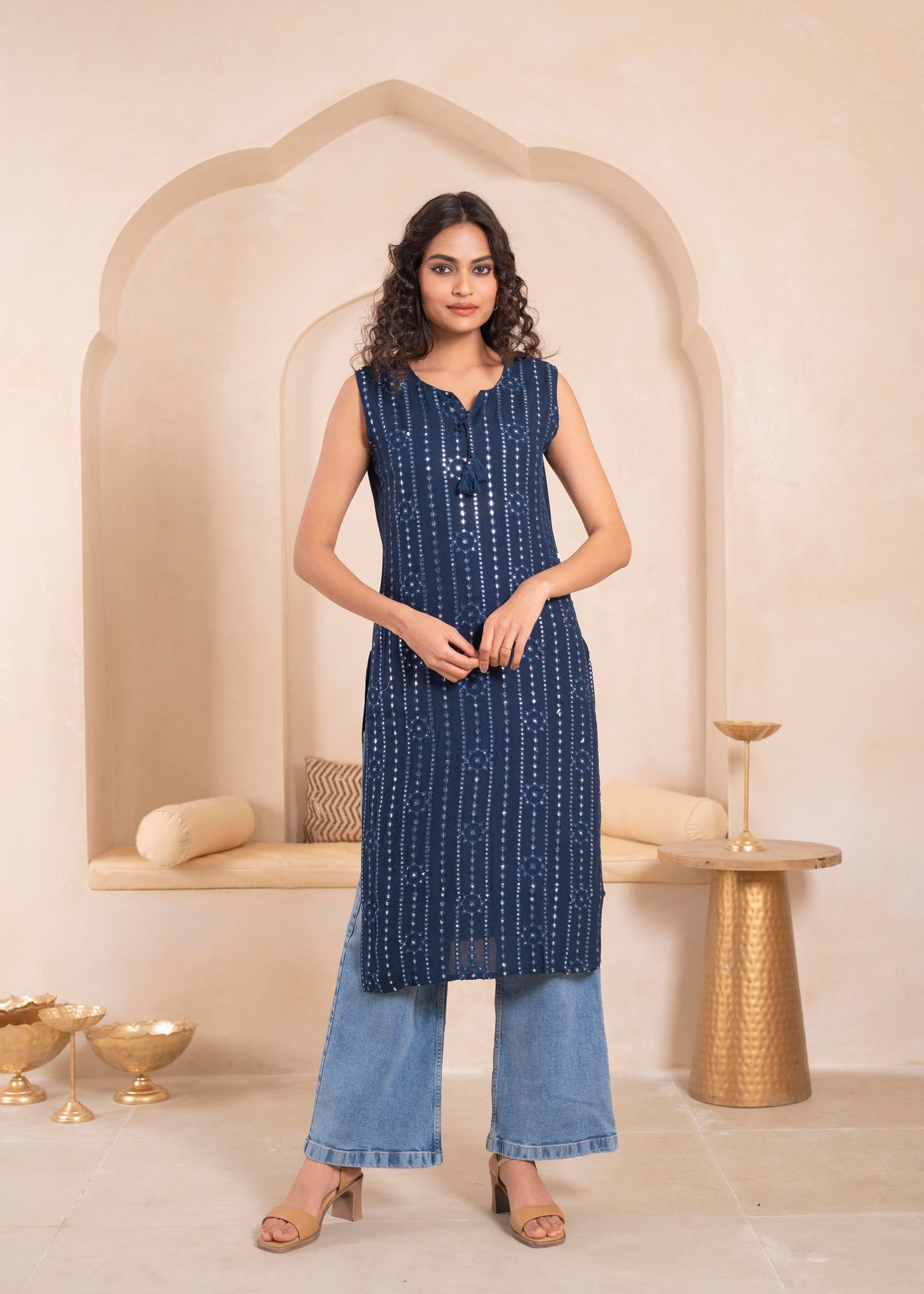 Juniper Navy Geometric Embroidered Viscose Kurta with Mirror Work and Tassels - Distacart