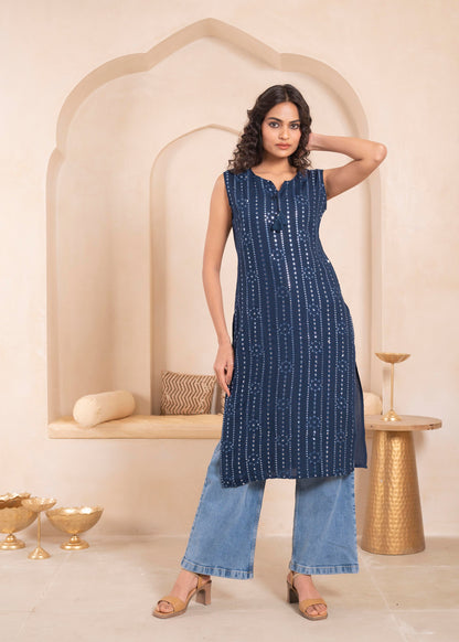 Juniper Navy Geometric Embroidered Viscose Kurta with Mirror Work and Tassels - Distacart