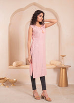 Thumbnail for Juniper Pink Geometric Embroidered Viscose Kurta with Mirror Work and Tassels - Distacart