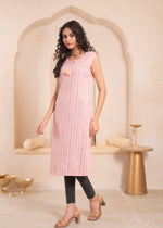Thumbnail for Juniper Pink Geometric Embroidered Viscose Kurta with Mirror Work and Tassels - Distacart