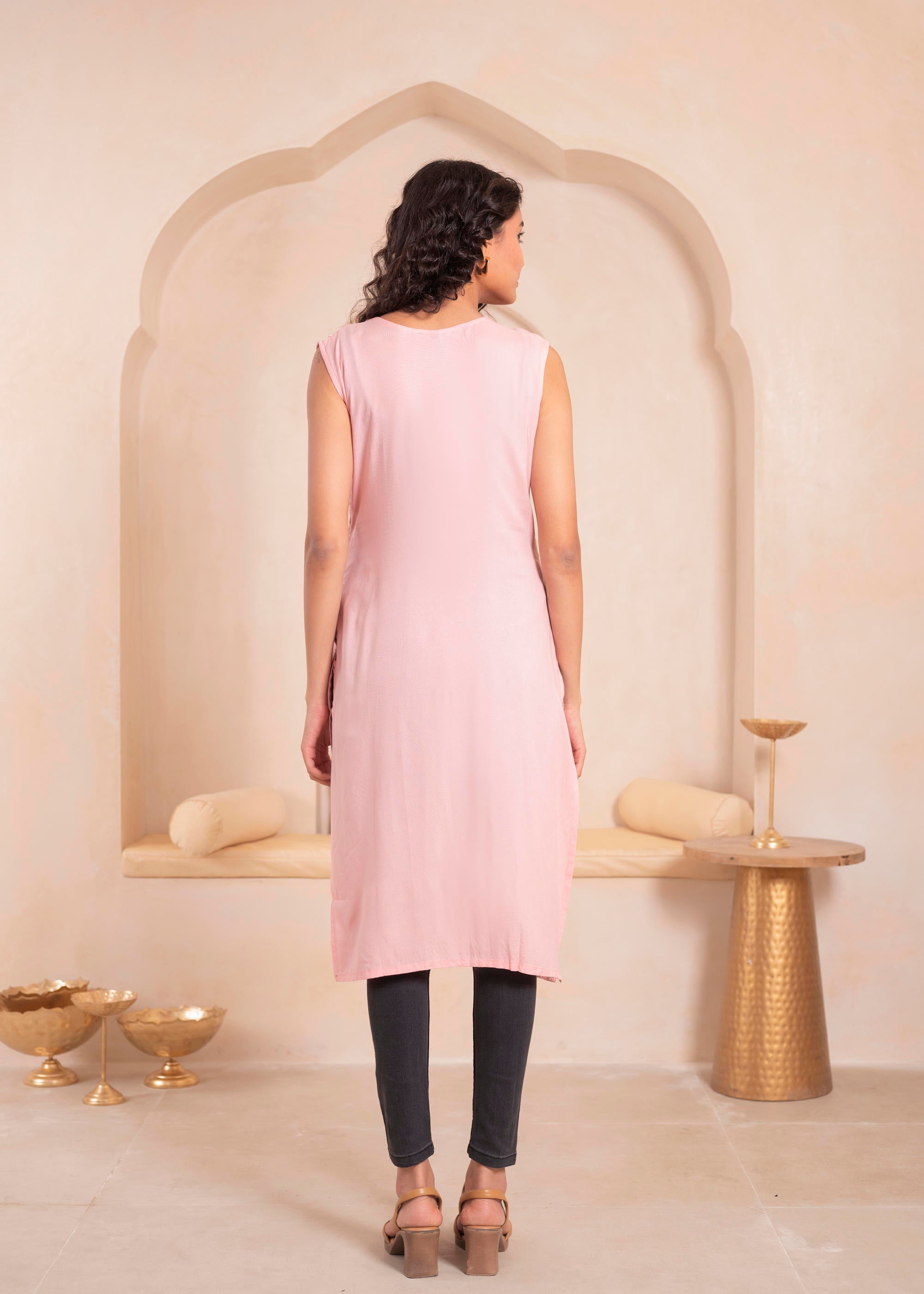 Juniper Pink Geometric Embroidered Viscose Kurta with Mirror Work and Tassels - Distacart