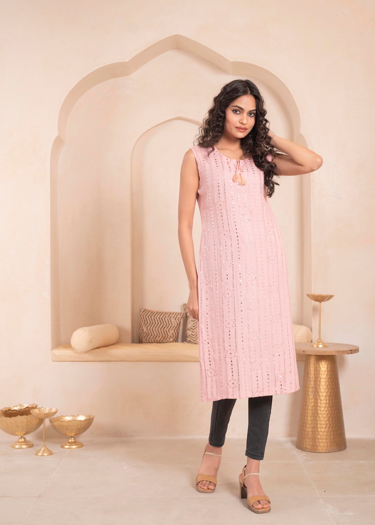 Juniper Pink Geometric Embroidered Viscose Kurta with Mirror Work and Tassels - Distacart