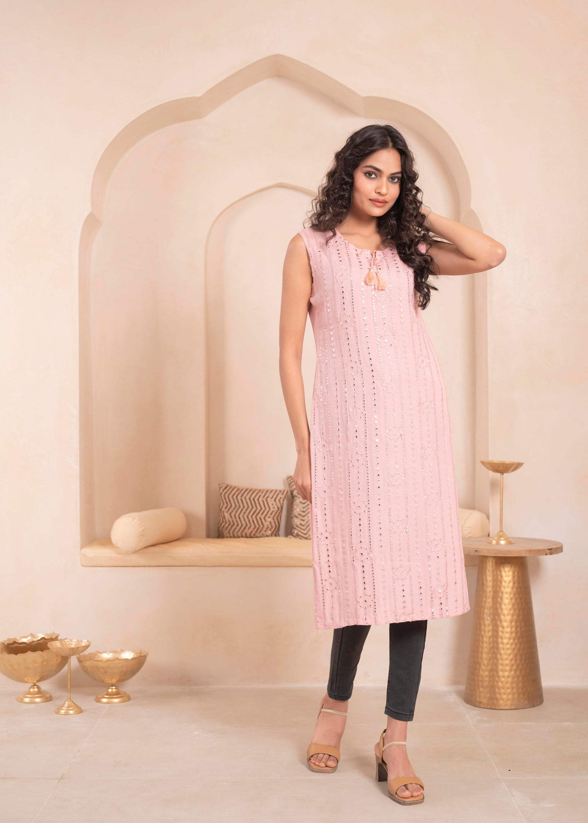 Juniper Pink Geometric Embroidered Viscose Kurta with Mirror Work and Tassels - Distacart