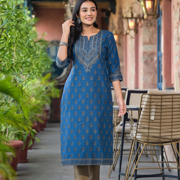 Juniper Women's Blue Ethnic Motif Printed Cotton Kurta - Distacart