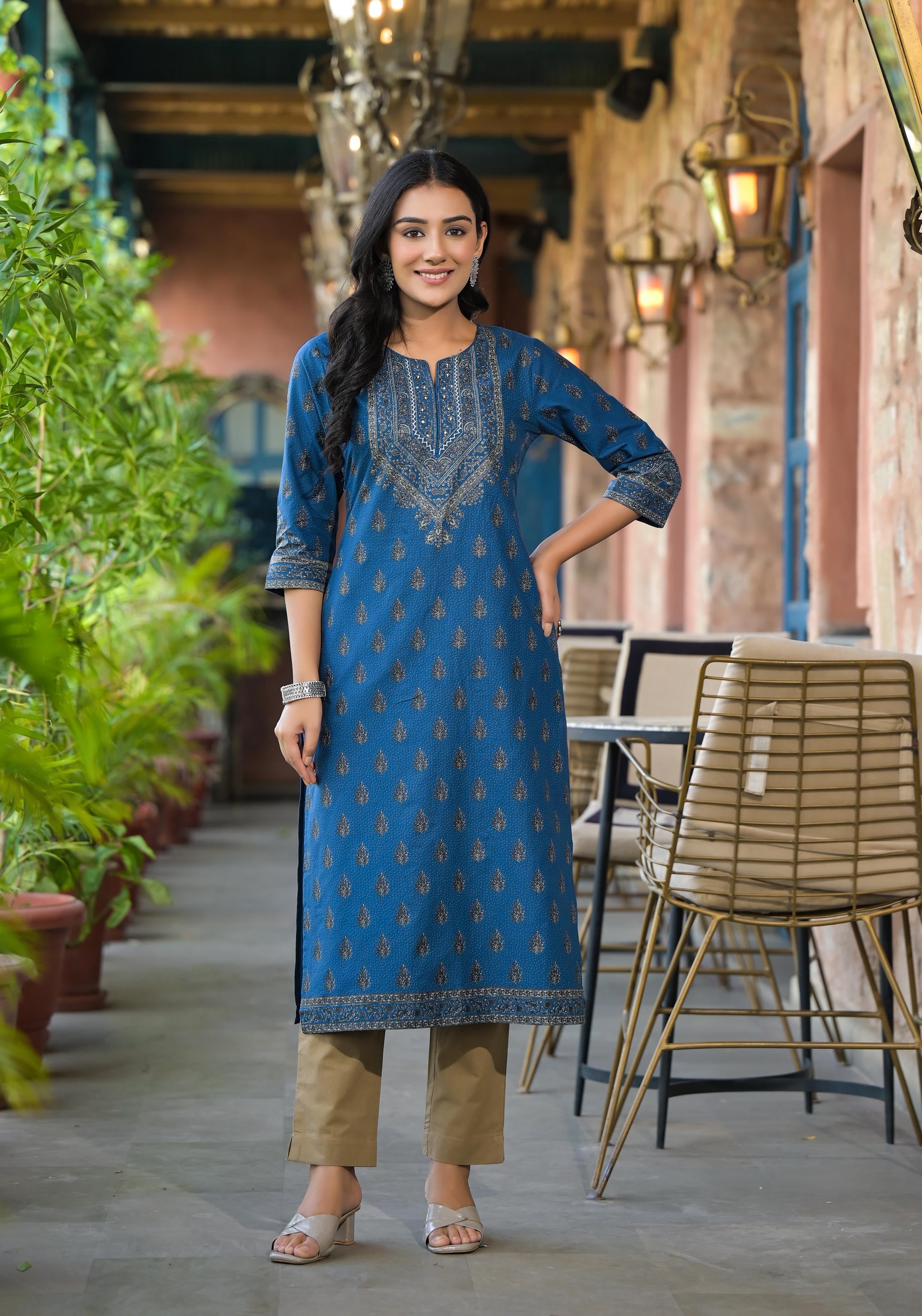 Juniper Blue Ethnic Motif Printed Cotton Kurta - Distacart