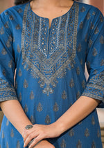 Thumbnail for Juniper Women's Blue Ethnic Motif Printed Cotton Kurta - Distacart