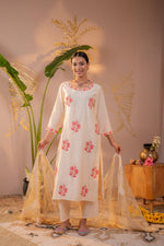 Thumbnail for Juniper Ivory Coral Blossom Printed Kurta Pant And Dupatta Set - Distacart