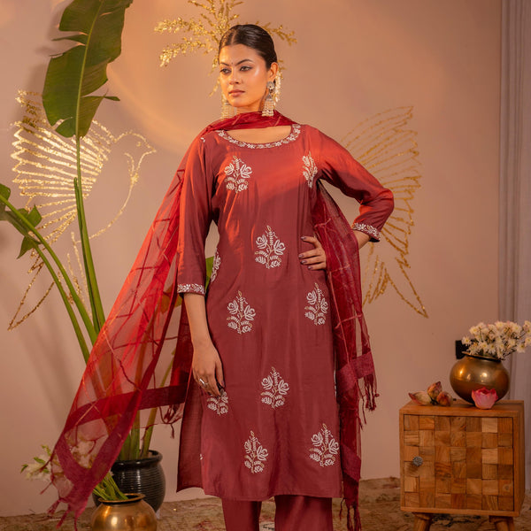 Juniper Rosegold Blossom -Pinted Kurta Pant And Dupatta Set - Distacart