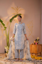 Thumbnail for Juniper Powder Grey Paisley Grace Kurta Pant And Dupatta Set - Distacart