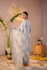Thumbnail for Juniper Powder Grey Paisley Grace Kurta Pant And Dupatta Set - Distacart