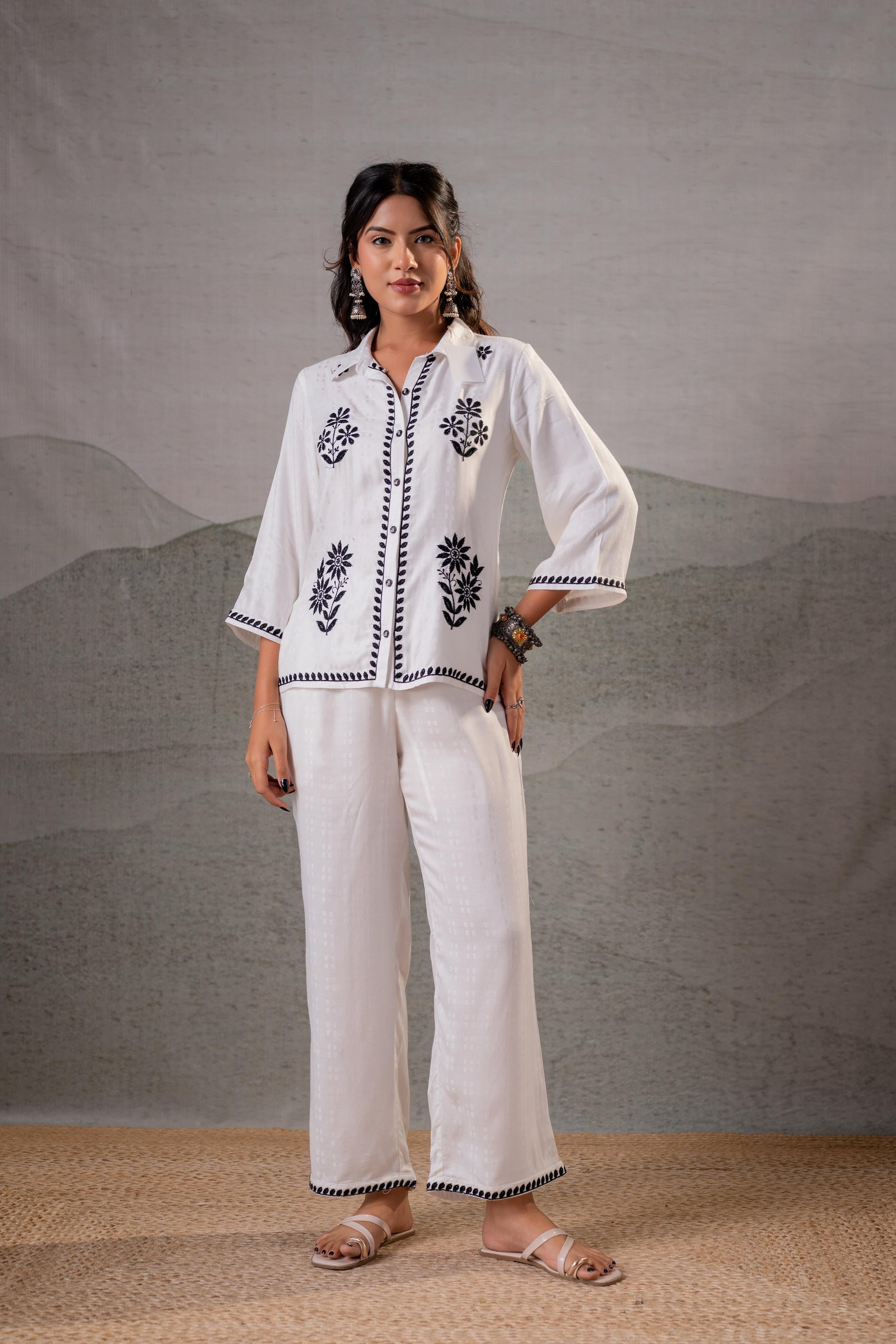 Juniper Noir Flora White & Black Embroidered Co-Ord Set - Distacart