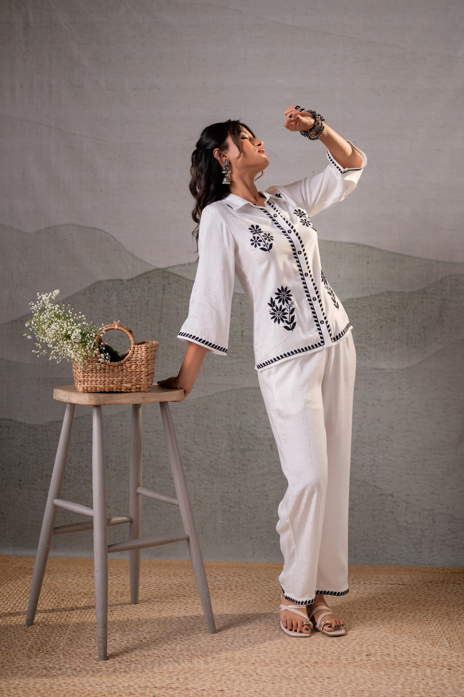 Juniper Noir Flora White & Black Embroidered Co-Ord Set - Distacart