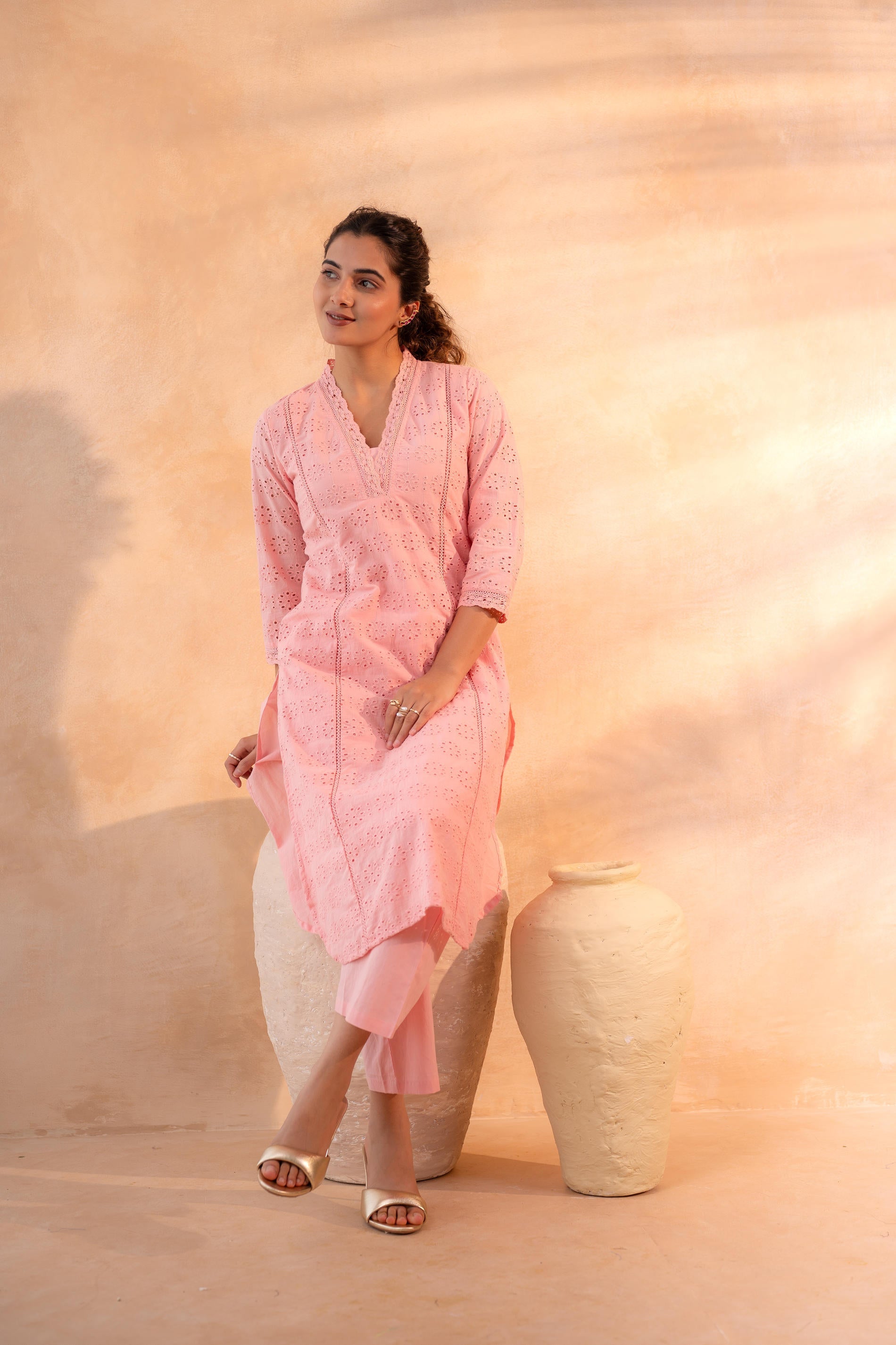 Juniper Peach Schiffli Kurta And Pant Set - Distacart