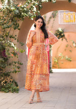 Thumbnail for Juniper Orange Abstract Printed Chiffon Long Dress With Belt