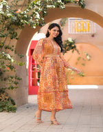 Thumbnail for Juniper Orange Abstract Printed Chiffon Long Dress With Belt