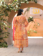 Thumbnail for Juniper Orange Abstract Printed Chiffon Long Dress With Belt