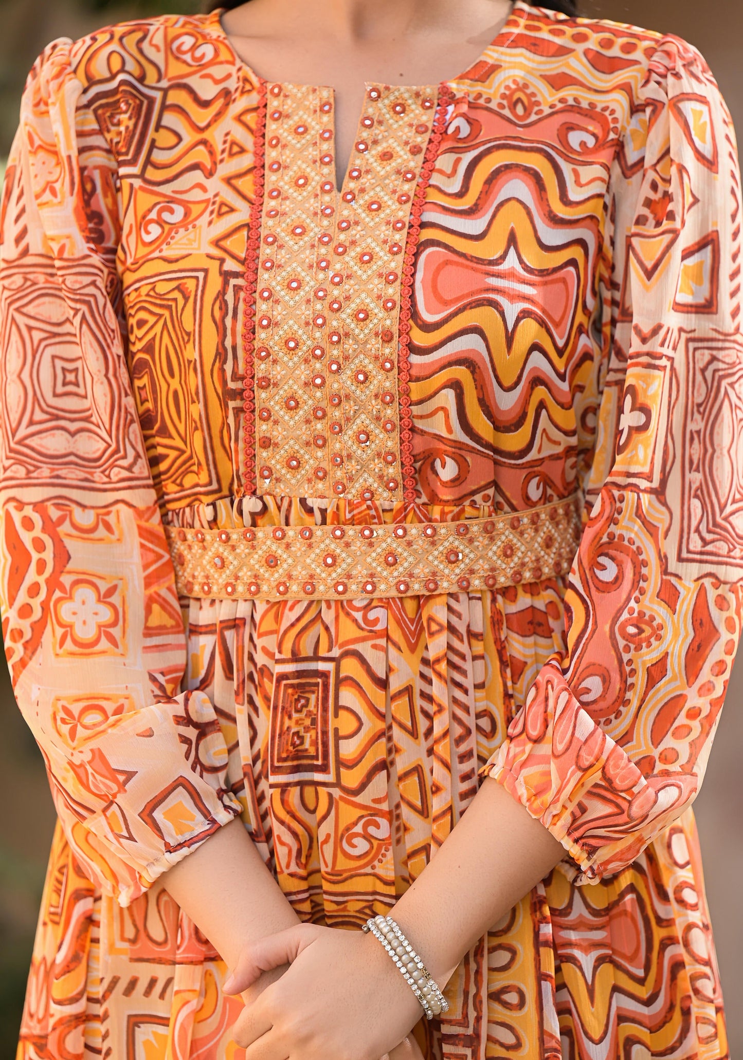 Juniper Orange Abstract Printed Chiffon Long Dress With Belt - Distacart