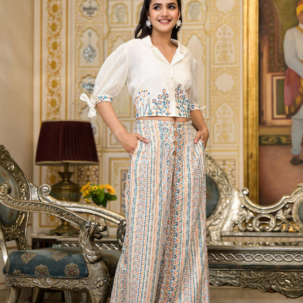 Juniper White Floral Embroidered Crop Shirt With Pastel Printed Palazzo Set