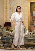Thumbnail for Juniper White Floral Embroidered Crop Shirt With Pastel Printed Palazzo Set