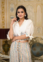 Thumbnail for Juniper White Floral Embroidered Crop Shirt With Pastel Printed Palazzo Set