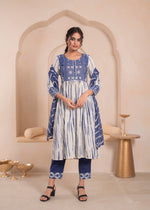 Thumbnail for Juniper Navy Blue And White Kurta , Solid Bottom And Tie -Dye Dupatta With Cotton Lace , Buttons , Sequin - Distacart