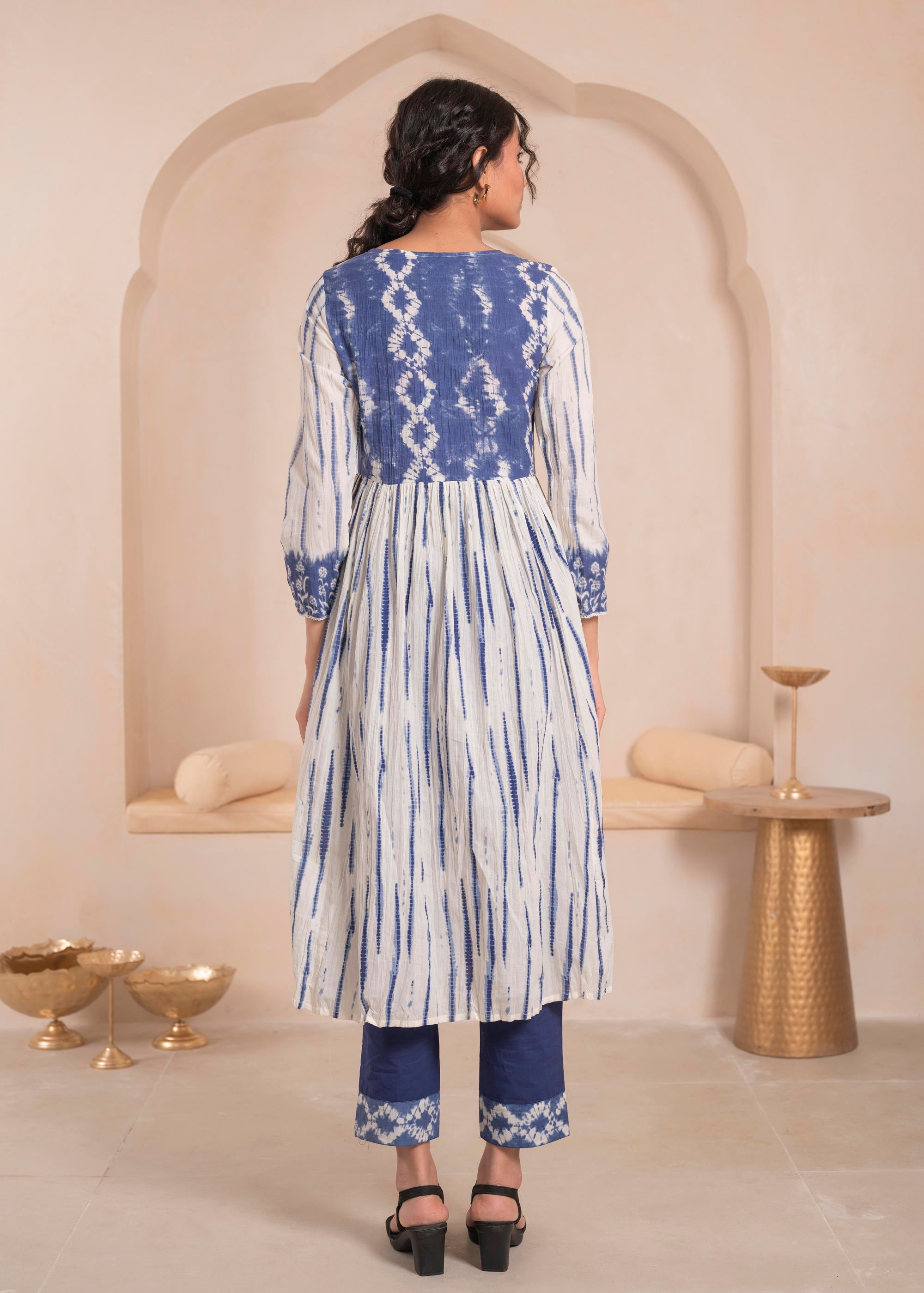 Juniper Navy Blue And White Kurta , Solid Bottom And Tie -Dye Dupatta With Cotton Lace , Buttons , Sequin - Distacart