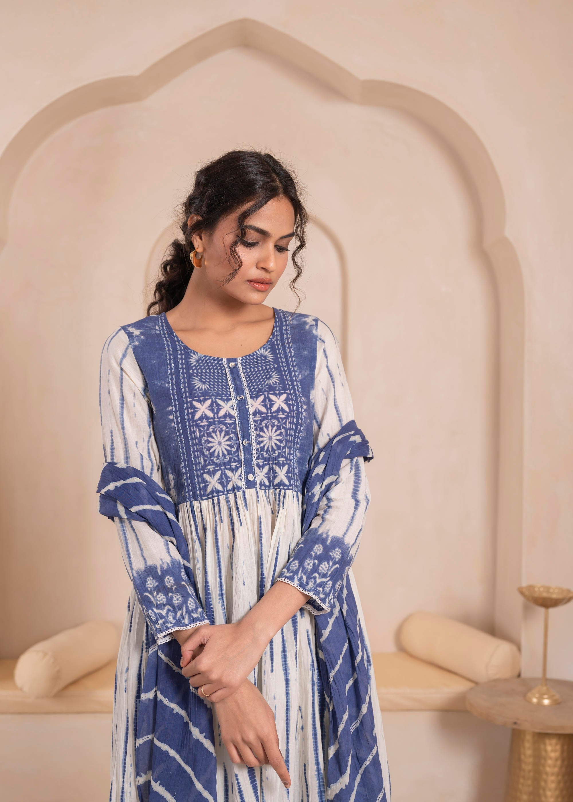 Juniper Navy Blue And White Kurta , Solid Bottom And Tie -Dye Dupatta With Cotton Lace , Buttons , Sequin - Distacart