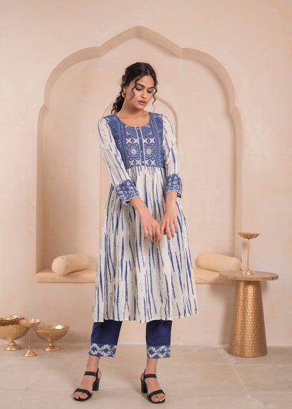 Juniper Navy blue and white kurta , solid bottom and tie -dye dupatta with cotton lace , buttons , sequince - Distacart
