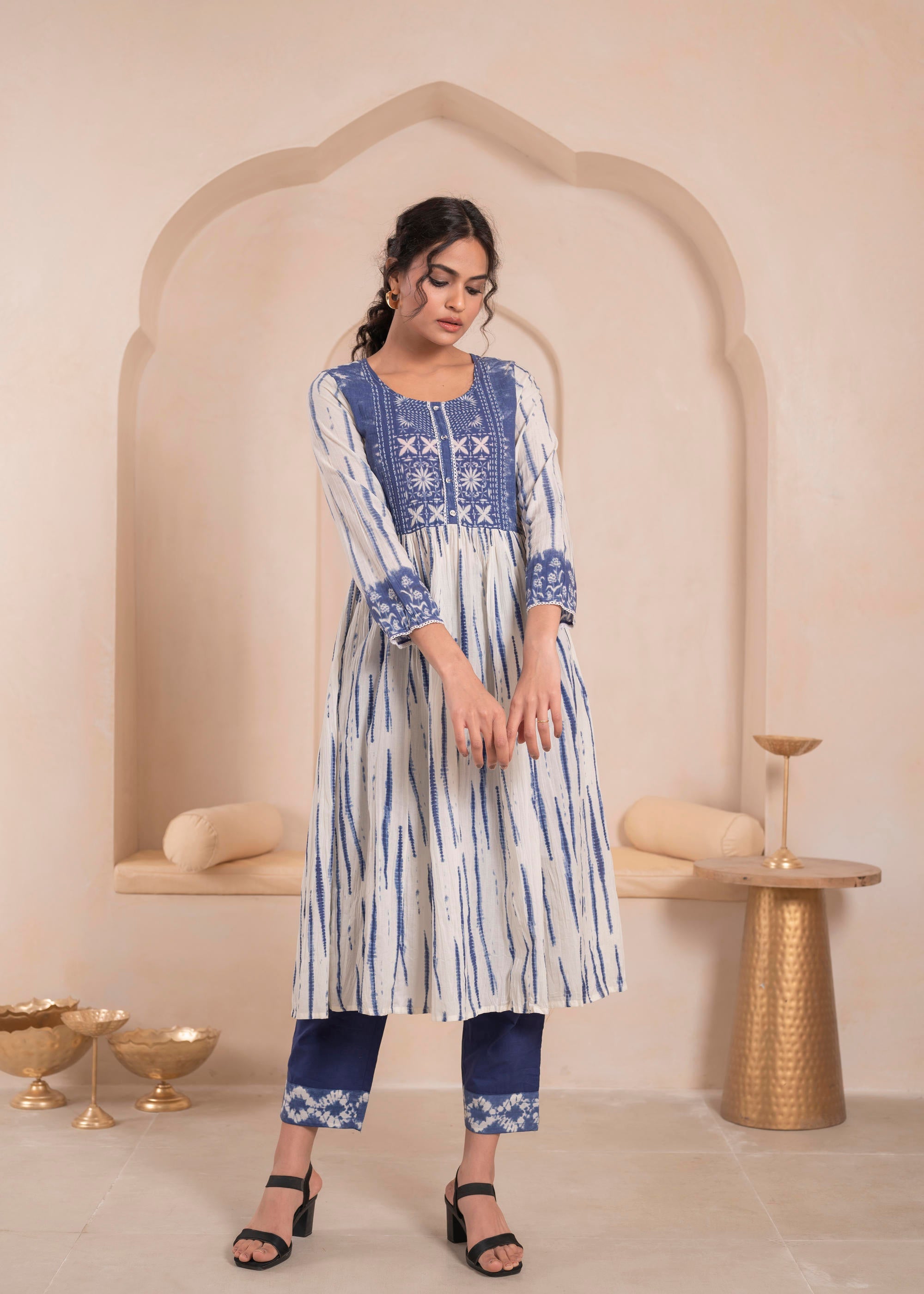 Juniper Navy Blue And White Kurta , Solid Bottom And Tie -Dye Dupatta With Cotton Lace , Buttons , Sequin - Distacart