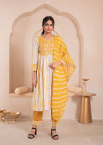 Thumbnail for Juniper Mustard And White Kurta , Solid Bottom And Tie - Dye Dupatta With Cotton Lace , Buttons , Sequin - Distacart