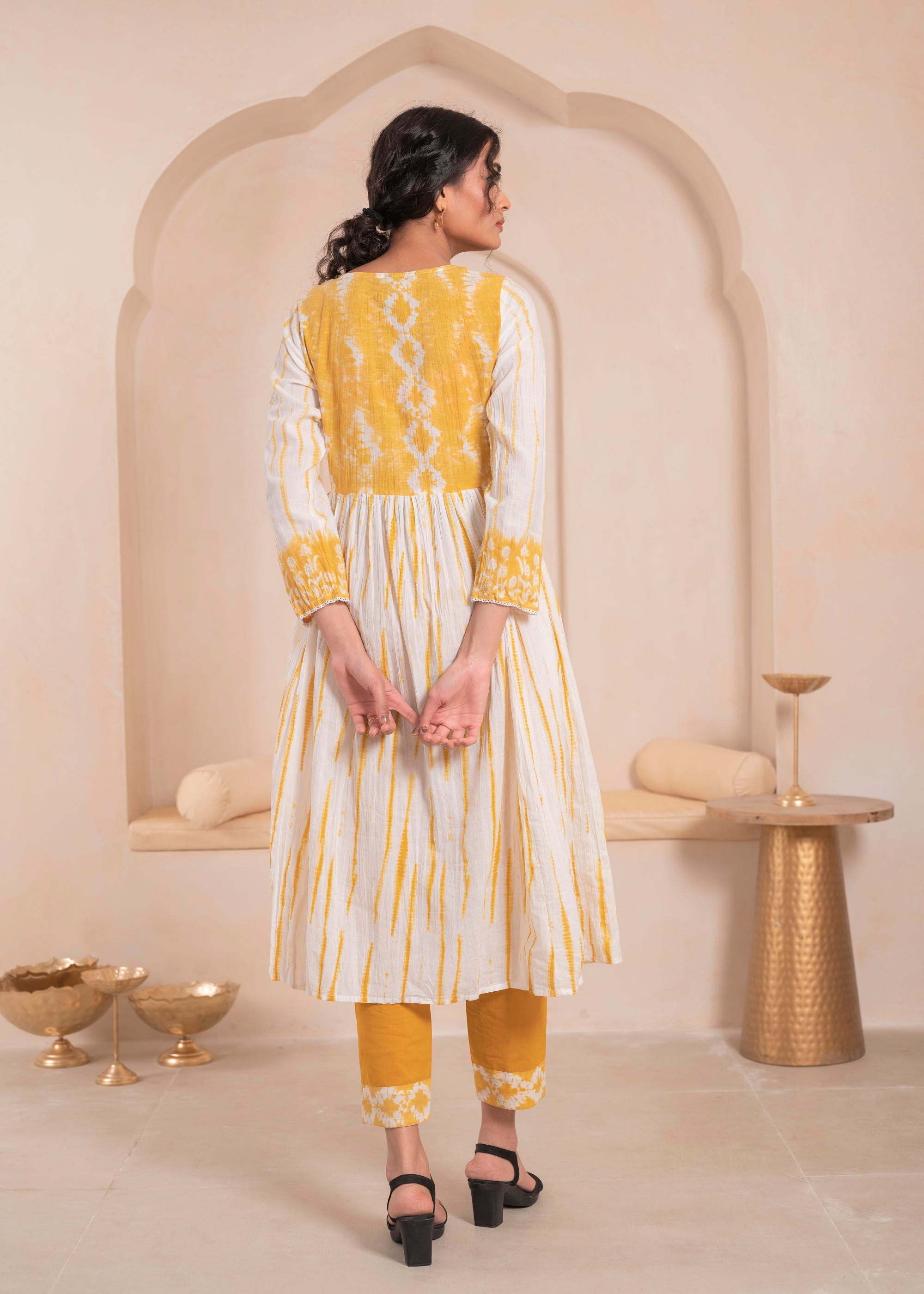 Juniper Mustard And White Kurta , Solid Bottom And Tie - Dye Dupatta With Cotton Lace , Buttons , Sequin - Distacart