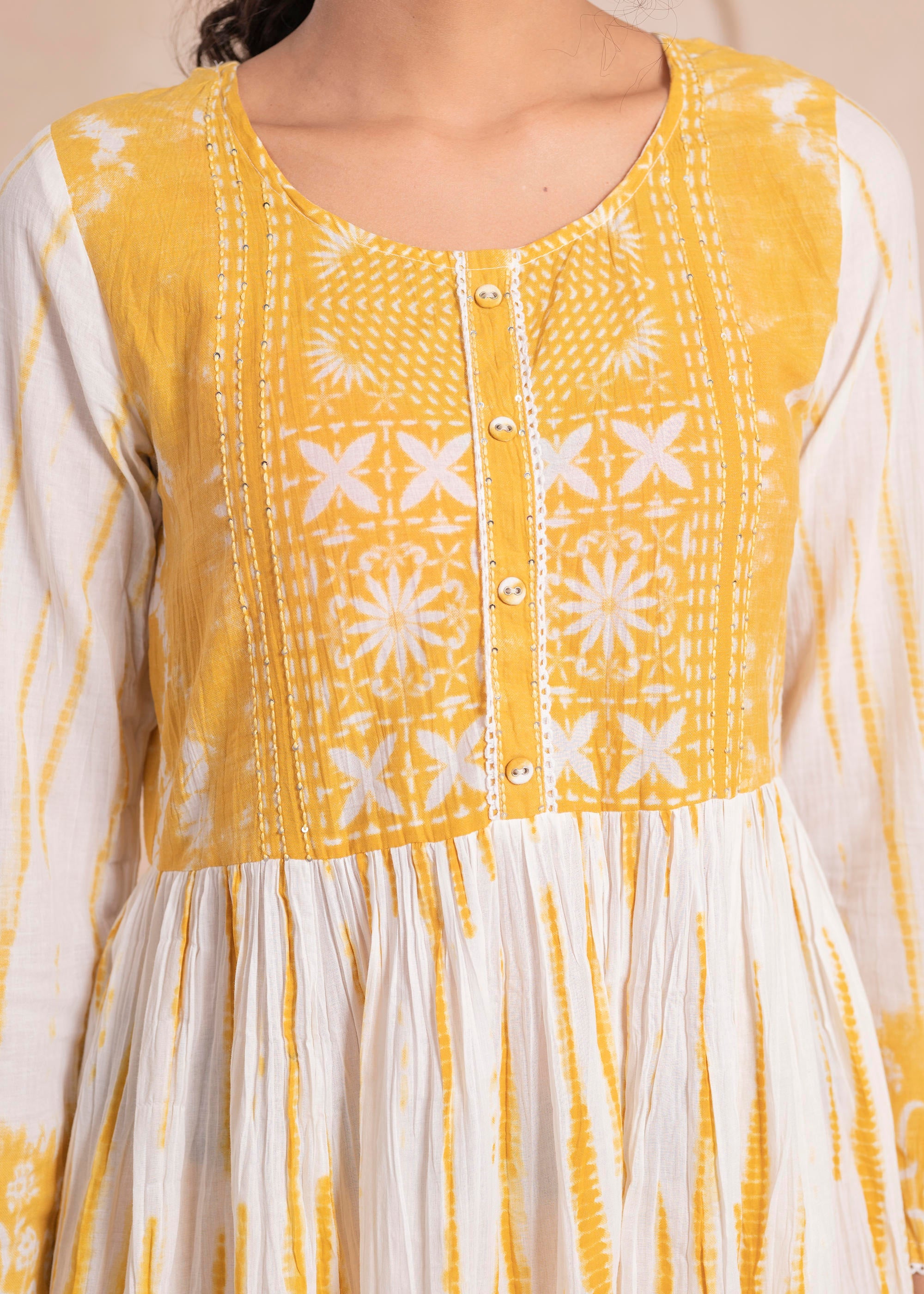 Juniper Mustard And White Kurta , Solid Bottom And Tie - Dye Dupatta With Cotton Lace , Buttons , Sequin - Distacart