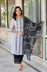 Thumbnail for Juniper Black & White Geometric Printed Cotton Kurta with Palazzo & Printed Dupatta - Distacart