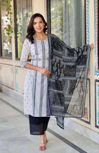 Juniper Black & White Geometric Printed Cotton Kurta with Palazzo & Printed Dupatta - Distacart