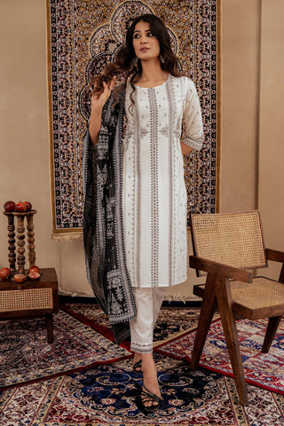 Juniper Black & White Geometric Printed Cotton Kurta With Palazzo & Printed Dupatta