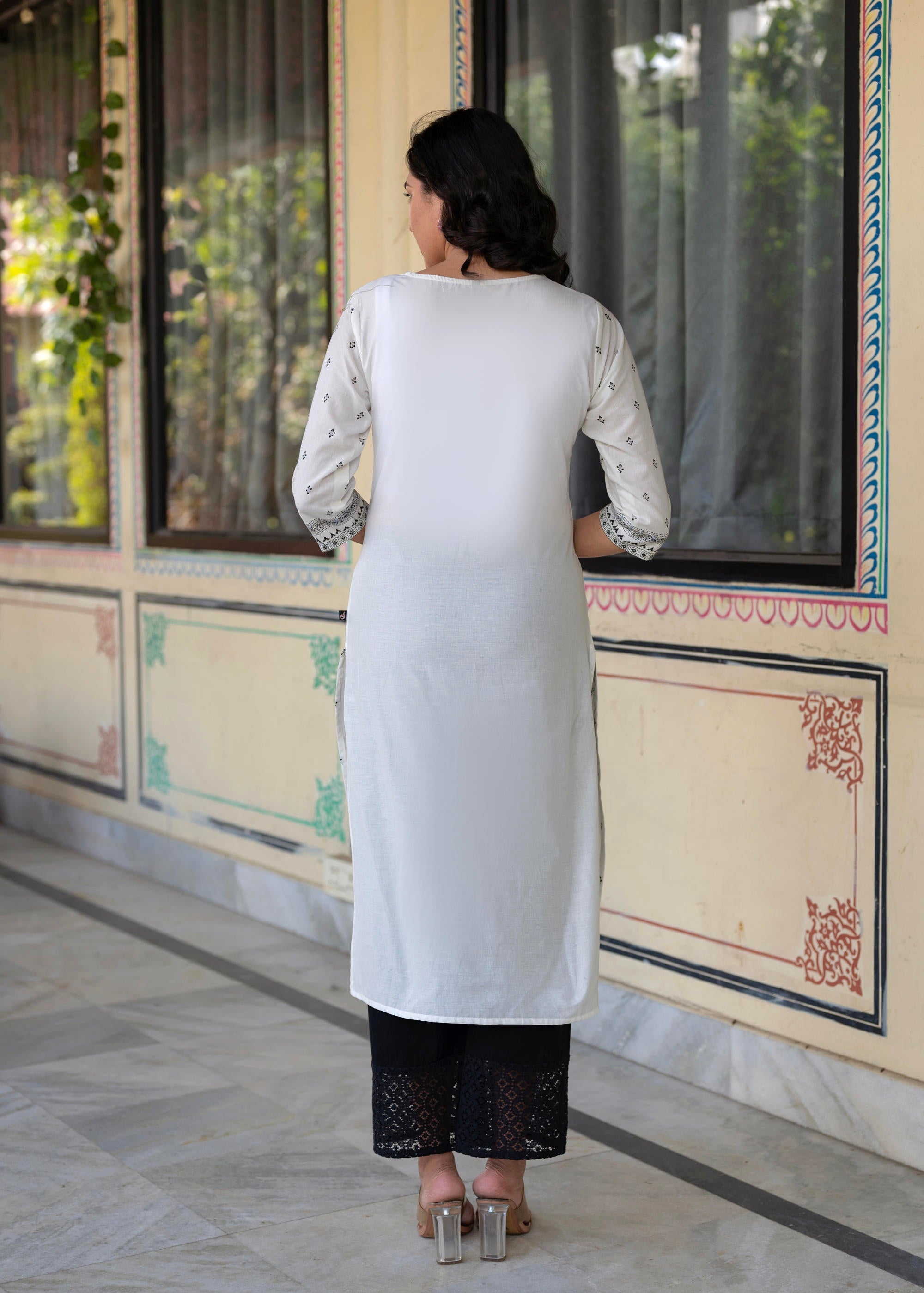 Juniper Black & White Geometric Printed Cotton Kurta with Palazzo & Printed Dupatta - Distacart