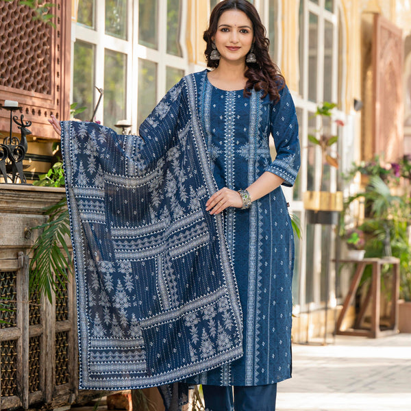 Juniper Indigo Blue Printed Kurta Set With Dupatta
