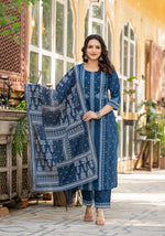 Thumbnail for Juniper Indigo Blue Printed Kurta Set With Dupatta