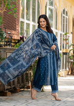 Thumbnail for Juniper Indigo Blue Printed Kurta Set With Dupatta