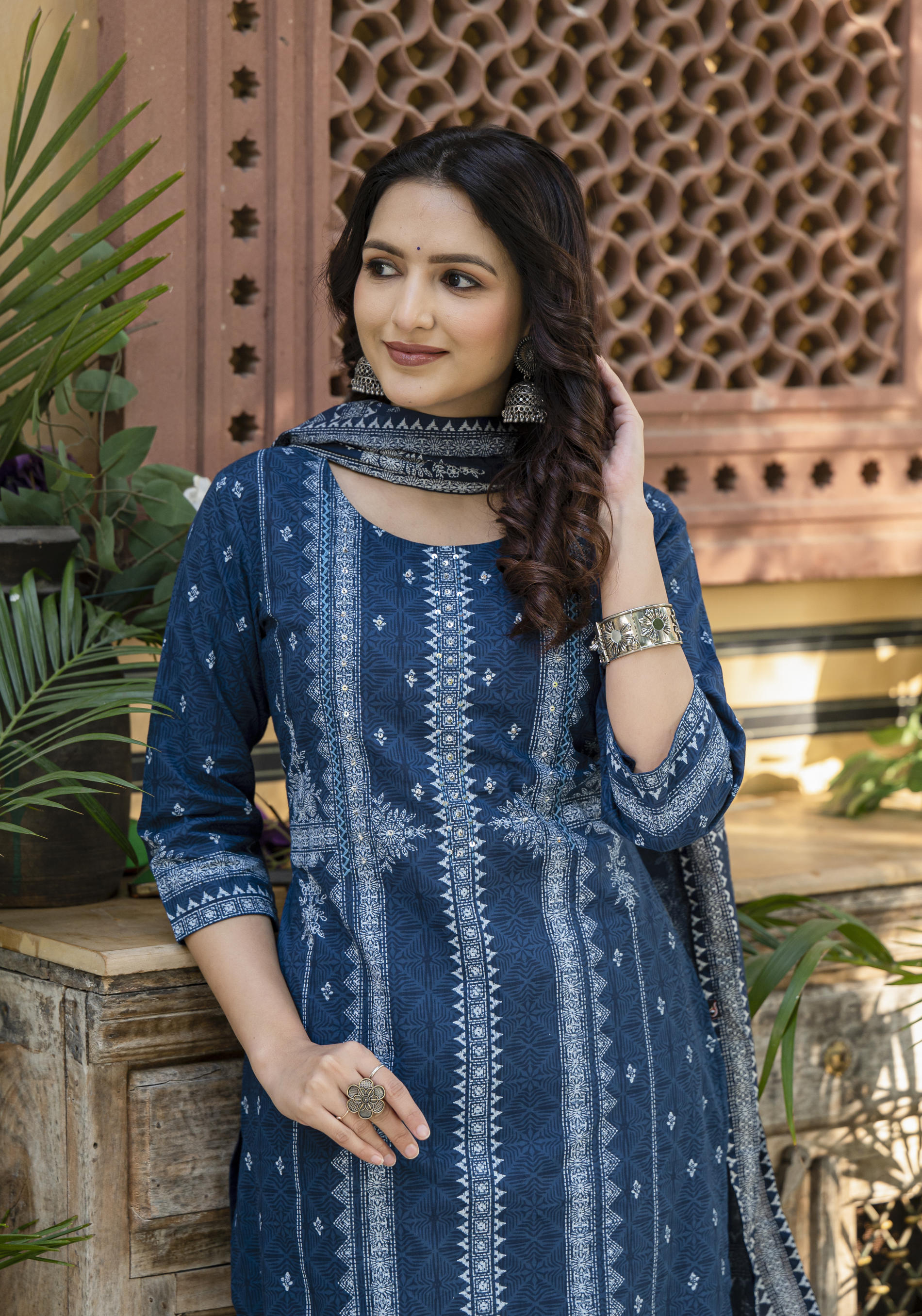 Juniper Indigo Blue Printed Kurta Set With Dupatta