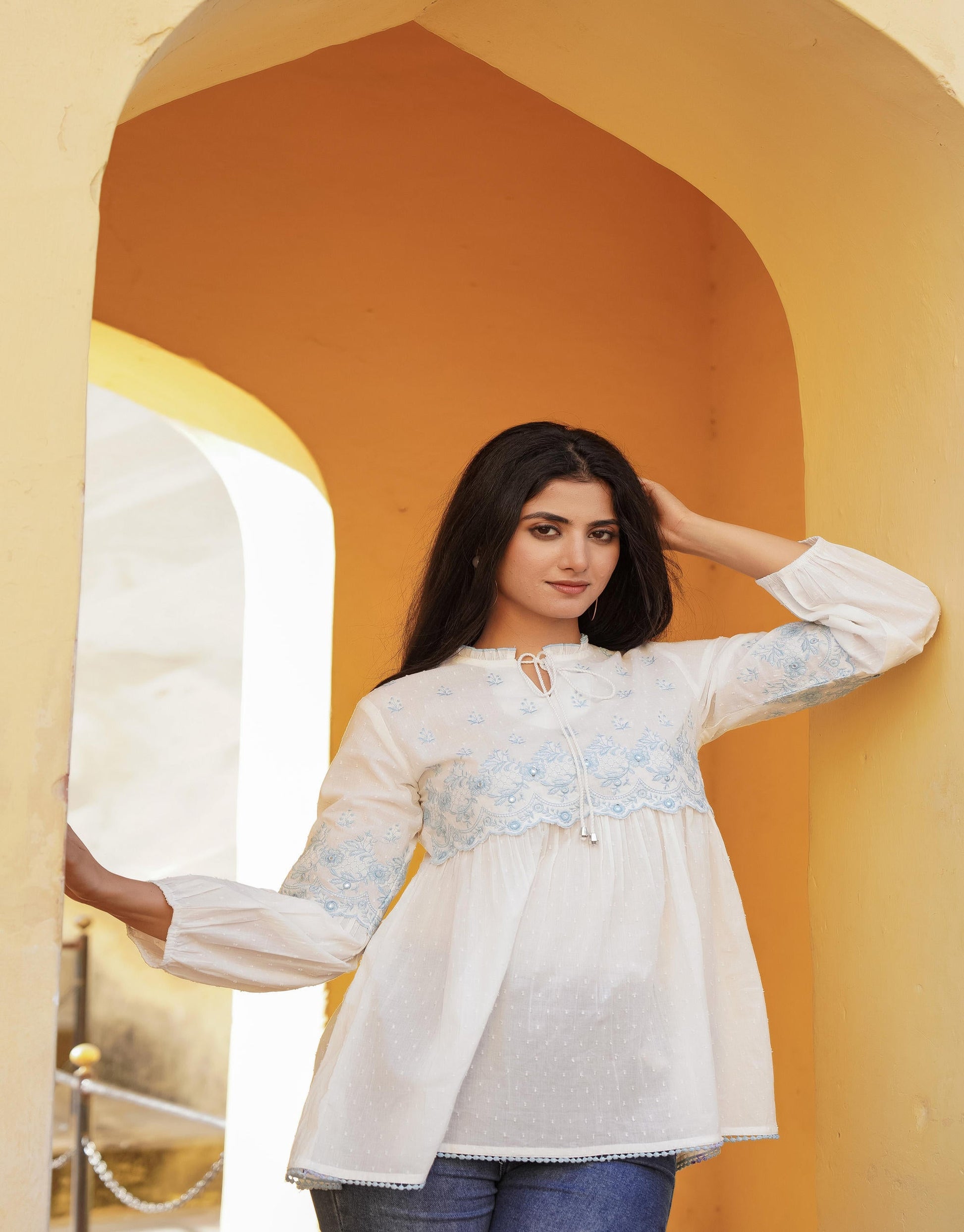 Juniper White Solid Cotton Tunic With Thread & Mirror Work - Distacart