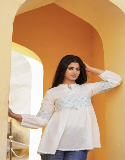 Juniper White Solid Cotton Tunic With Thread & Mirror Work - Distacart