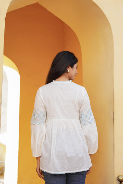 Juniper White Solid Cotton Tunic With Thread & Mirror Work - Distacart