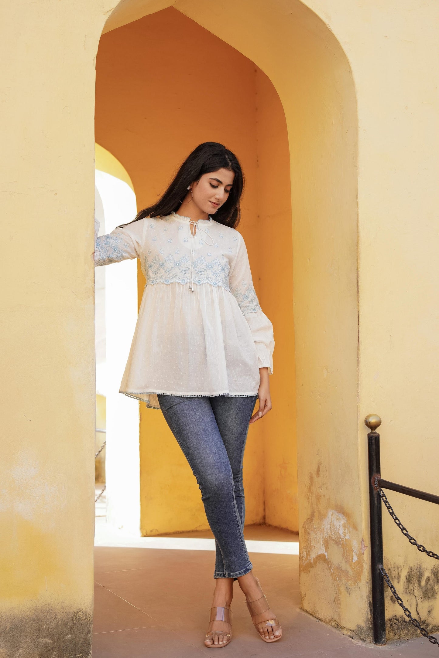 Juniper White Solid Cotton Tunic With Thread & Mirror Work - Distacart