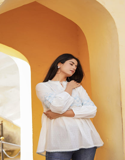 Juniper White Solid Cotton Tunic With Thread & Mirror Work - Distacart