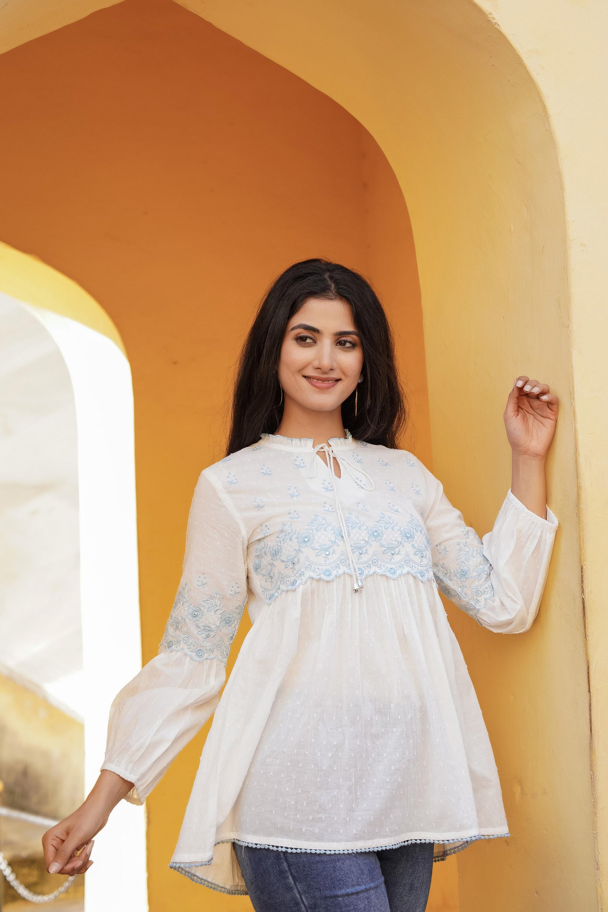 Juniper White Solid Cotton Tunic With Thread & Mirror Work - Distacart