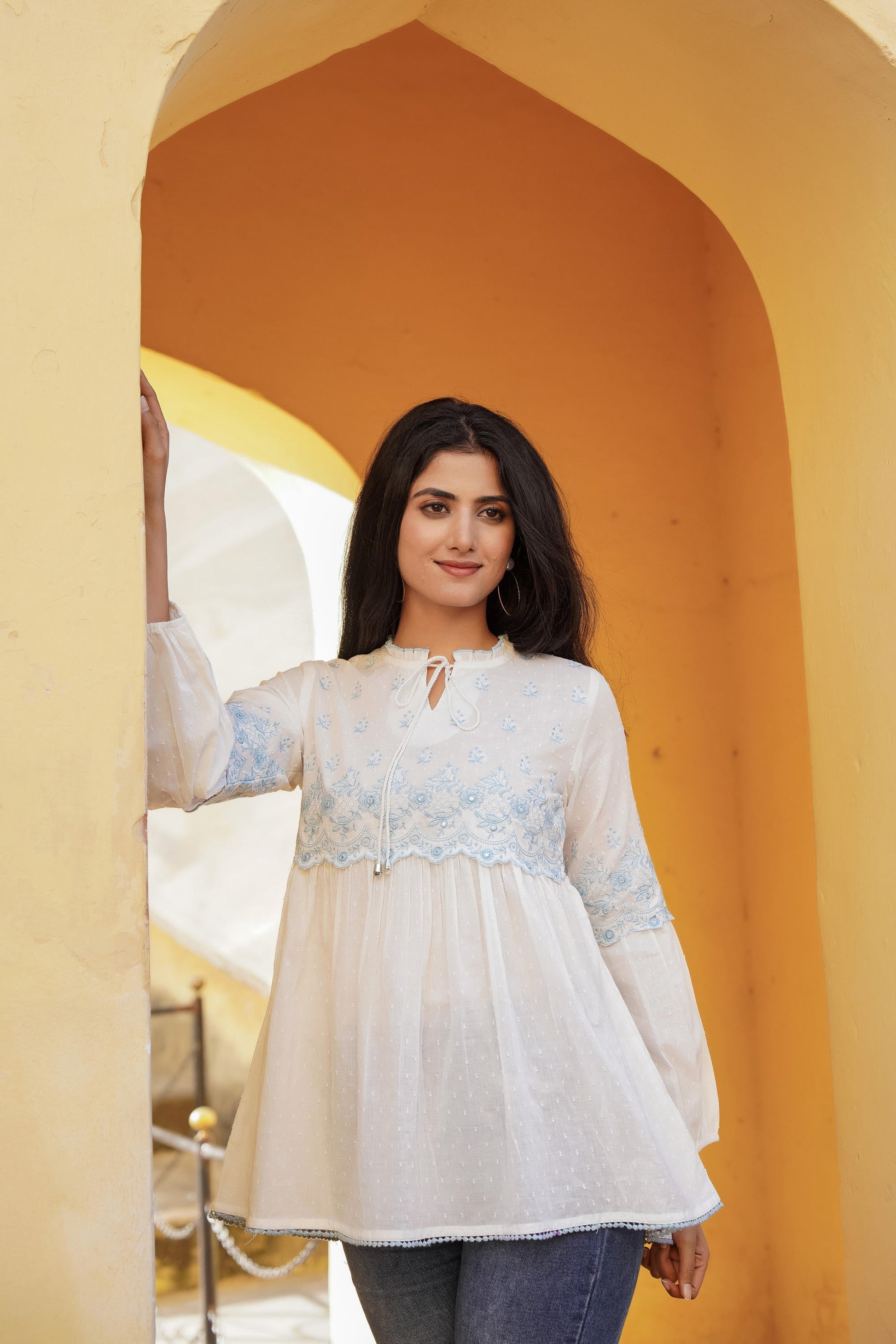 Juniper White Solid Cotton Tunic With Thread & Mirror Work - Distacart