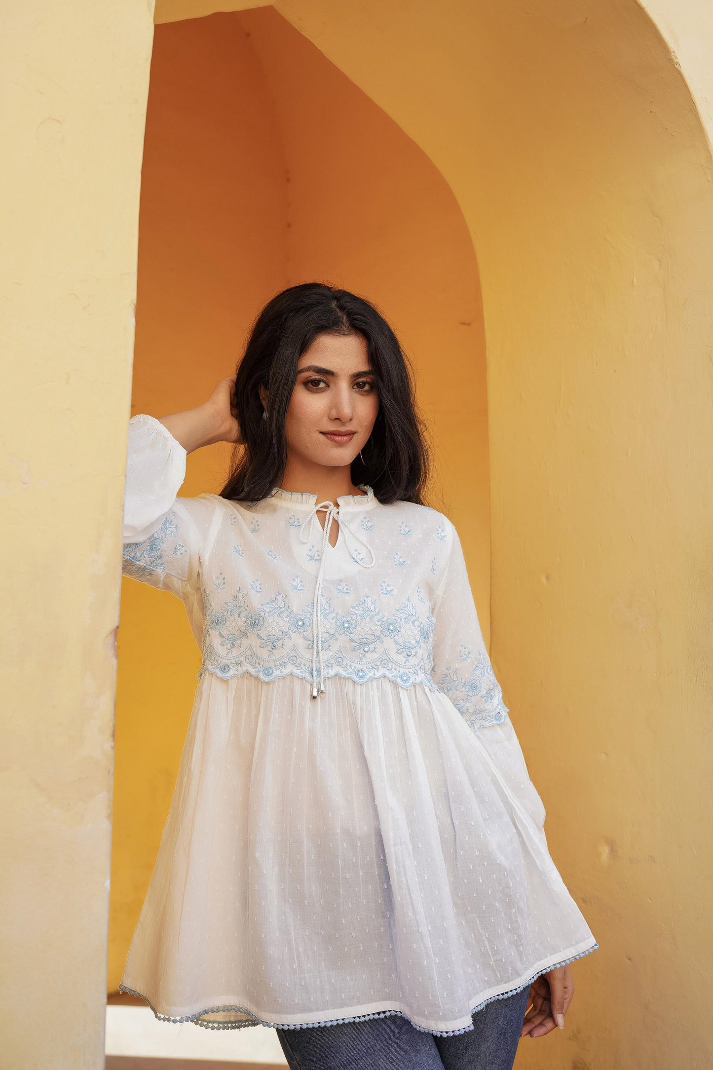 Juniper White Solid Cotton Tunic With Thread & Mirror Work - Distacart