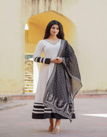 Thumbnail for Juniper White Ethnic Motif Printed Dress & Dupatta Set With Thread Work