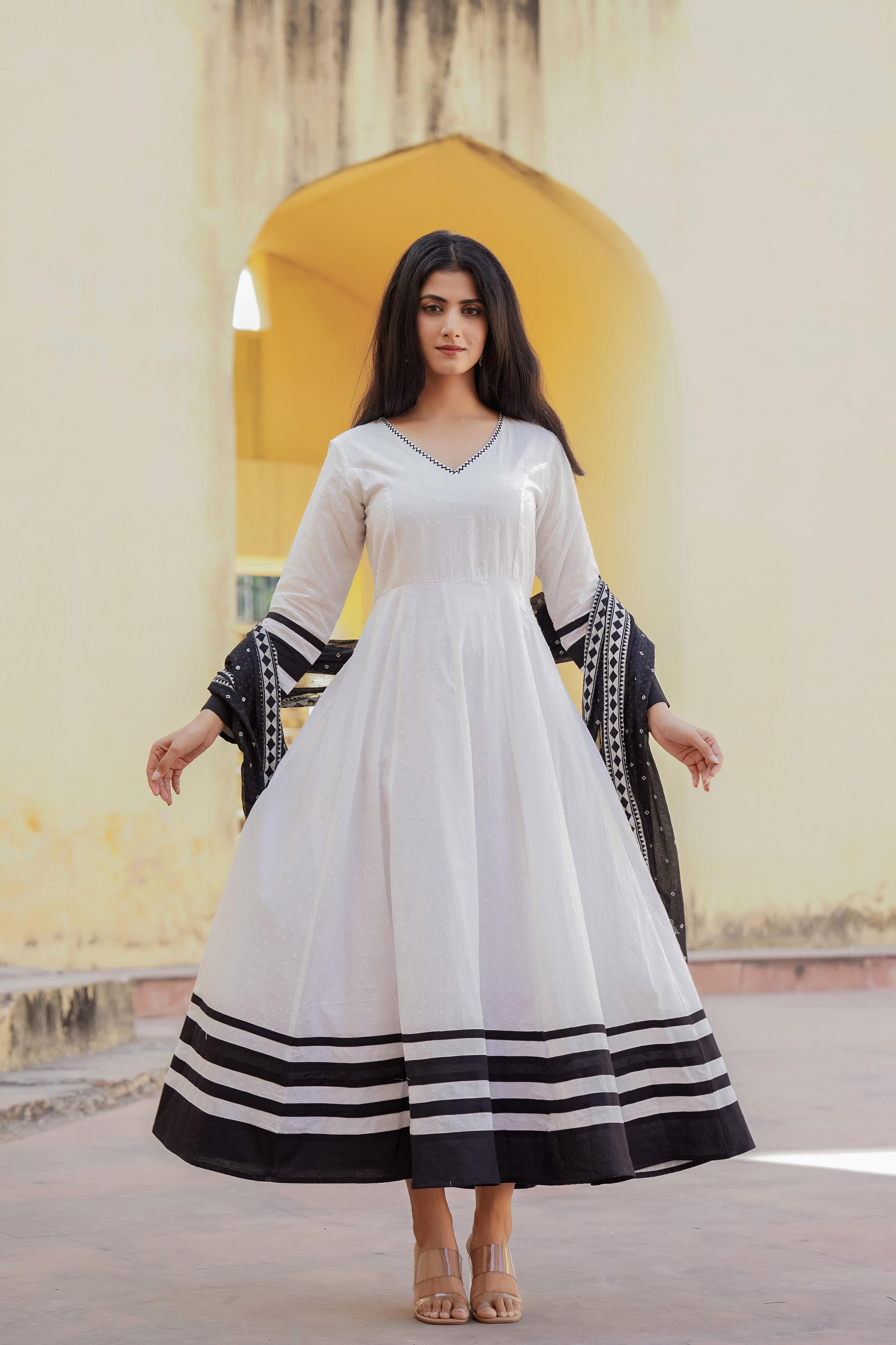 Juniper White Ethnic Motif Printed Dress & Dupatta Set With Thread Work